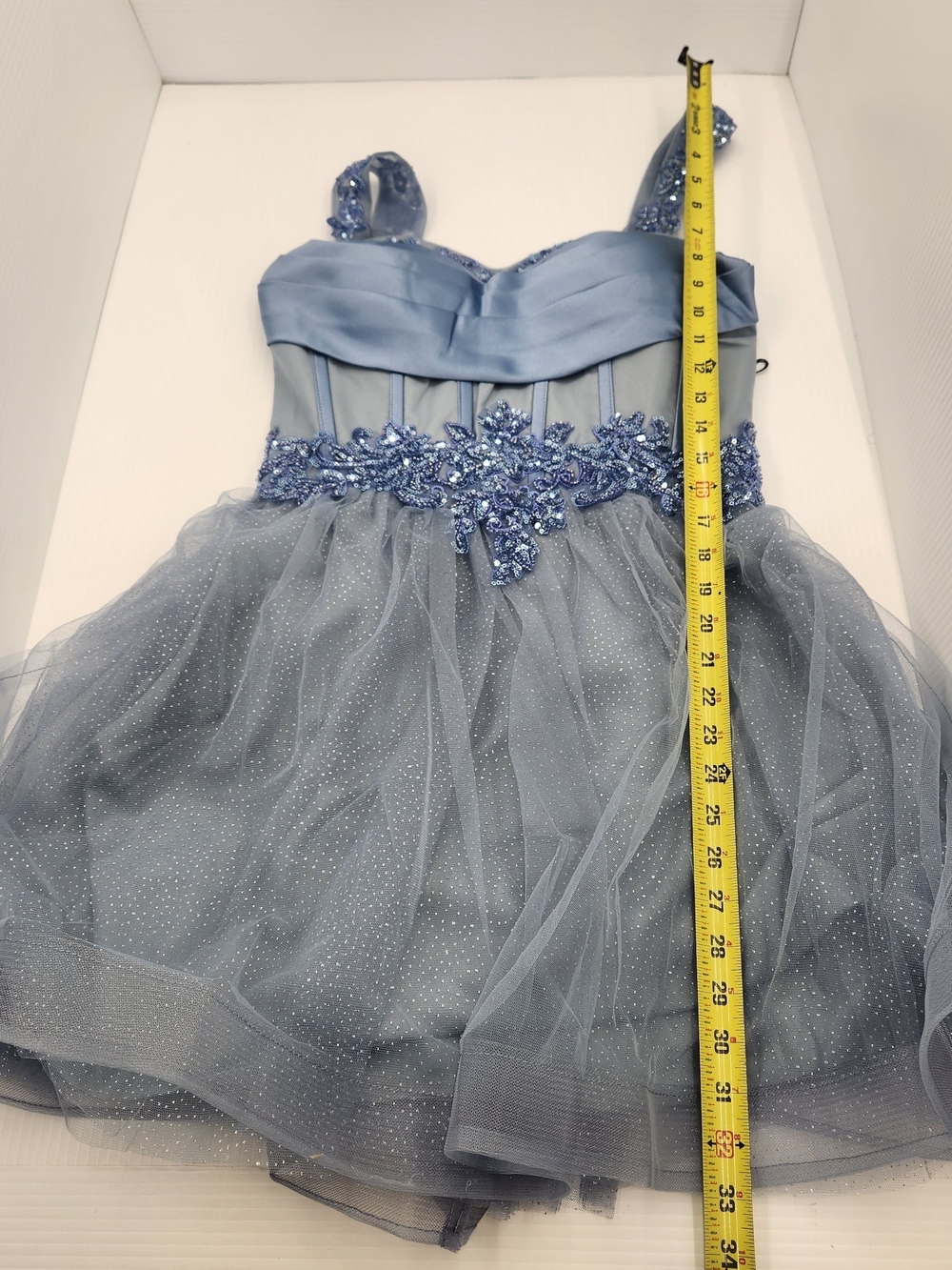Satin & Tulle Dusty Blue Party Mini Dress - Picture 8 of 16